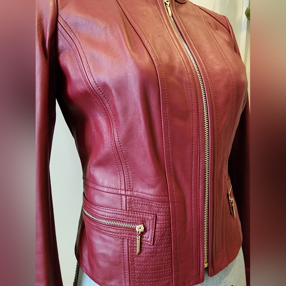 Free Ship!! WHBM Red Leather Moto Jacket with Sleek Fit SIZE XS - Picture 10 of 16